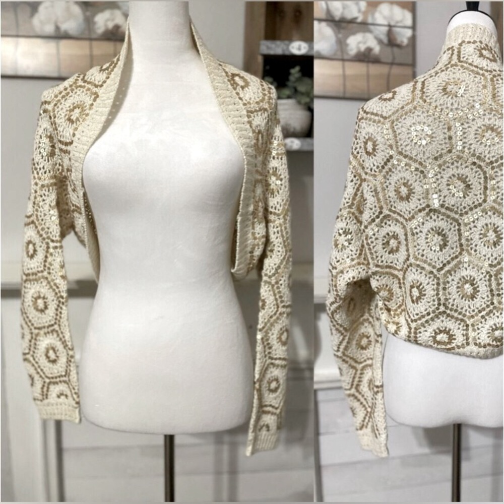 LN White House Black Market Cropped Embroidered Knit Sequin Open Cardigan Y2K - Picture 2 of 16